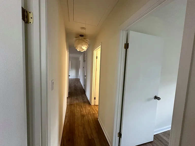 This photo is taken from the end of the hallway. The hallway leads to three bedrooms, a large bathroom, laundry room, pantry, and large utility closet.