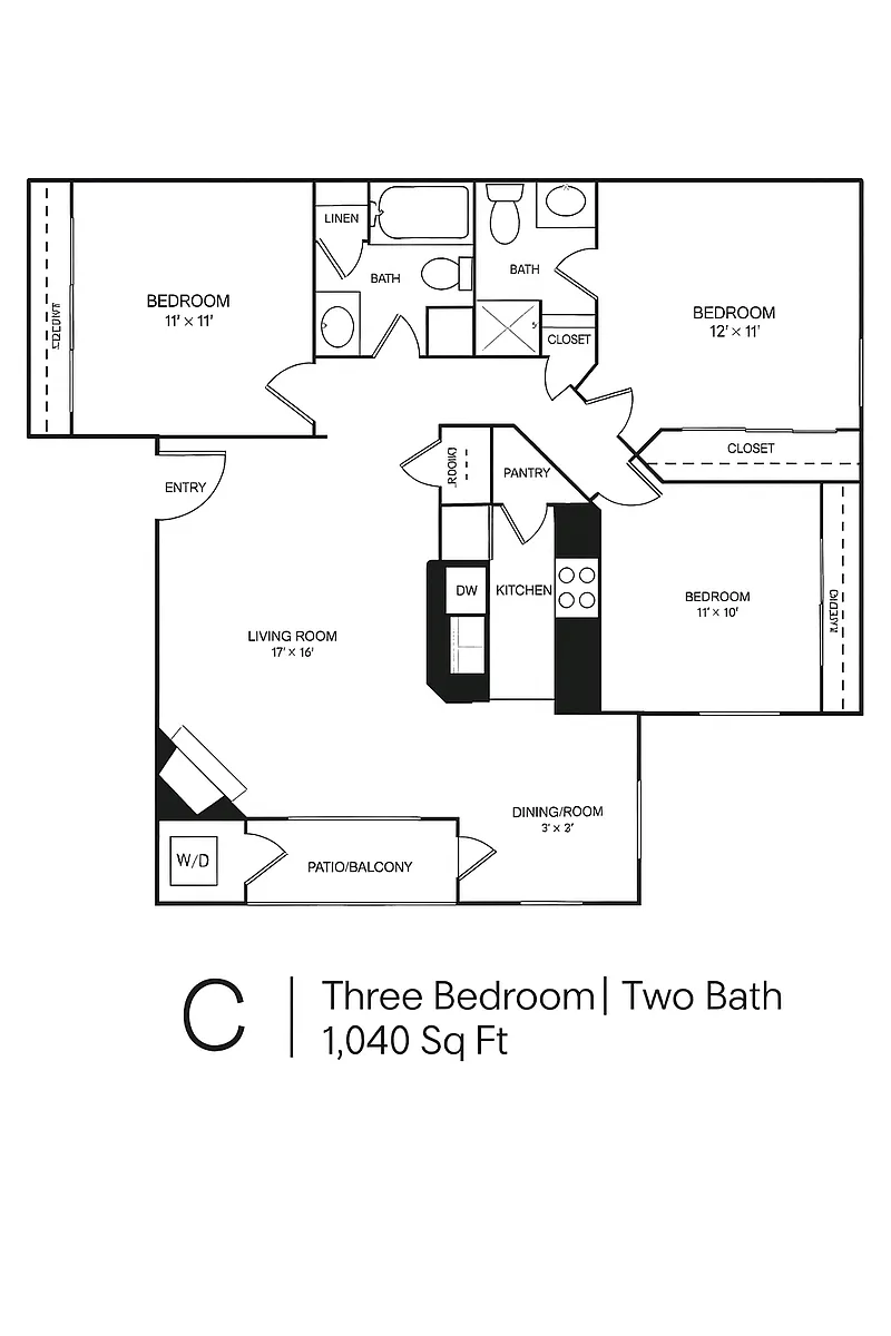 Floor plan 3 Bedroom, 2 Bath