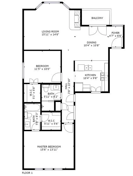 Floor plan 2 Bed 2 Bath with Yard