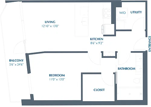 Floor plan 1BR 1BA (764 SF)