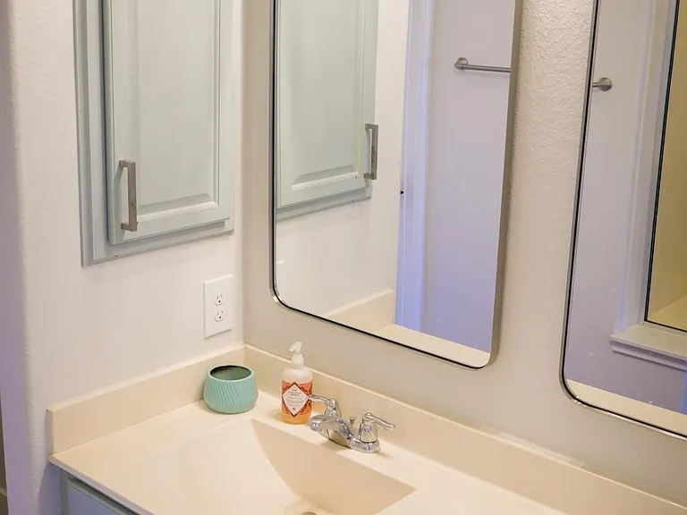 Primary suite bathroom has double sinks and vanity