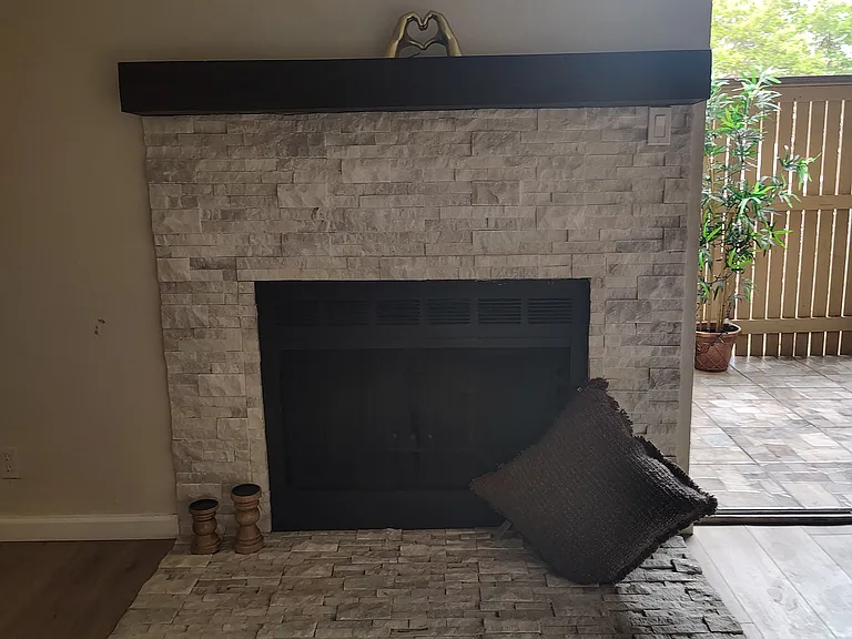 Beautiful Fireplace with New natural Stone and New wood shelves!