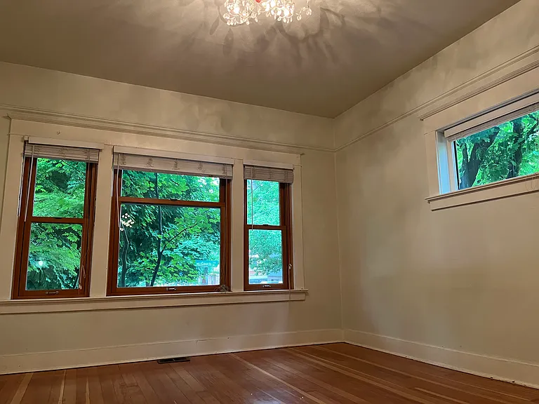 Lush green views from LR windows. Designer lights, restored original Douglass Fir floors.