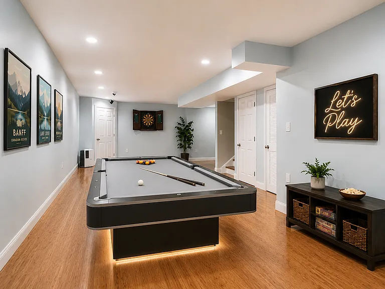 Virtually staged lower level featuring a stylish recreation and game area