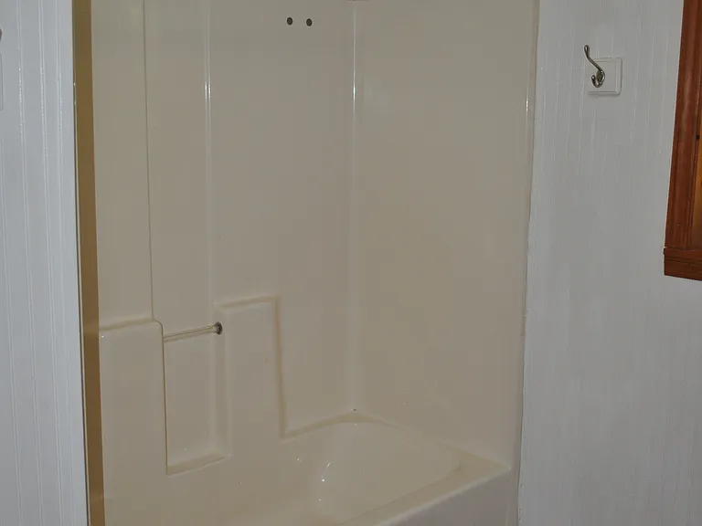 Tub/Shower with hardwood floor.