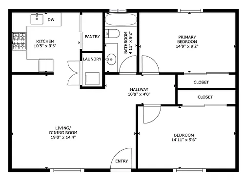 Floor plan 2 Bed 1 Bath B