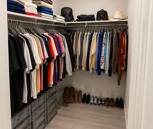 Spacious primary bedroom walk-in closet