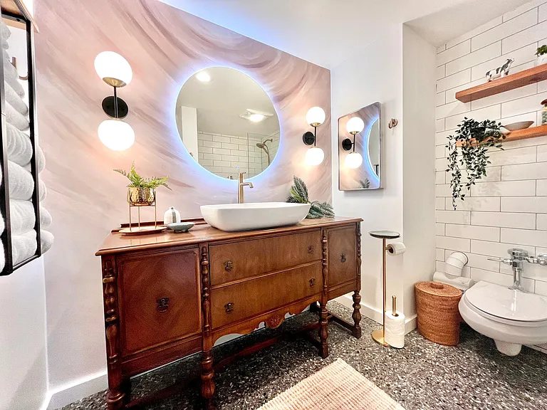 Bathroom vanity with anti-fog mirror and potty