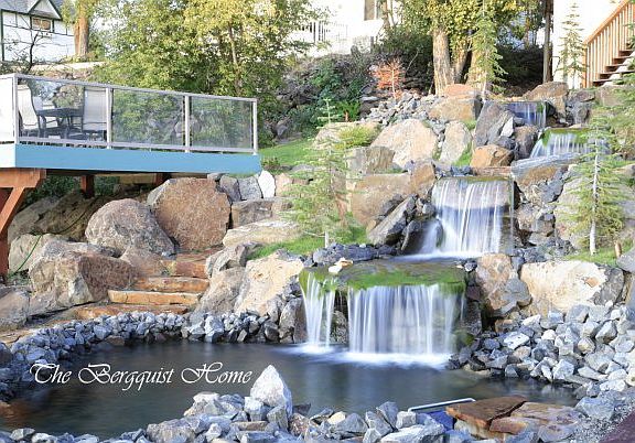 backyard : 4 fall water feature and deck overlooking the lake