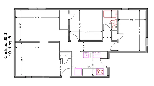Floor plan Chelsea 2 Bedroom 1 Bath