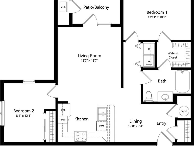 The Grove is a two-bedroom, one-bathroom apartment featuring a spacious living room, in-unit washer/dryer, a walk-in closet, and private patio or balcony. The Grove is a two-bedroom, one-bathroom apartment featuring a spacious living room, in-unit washer/
