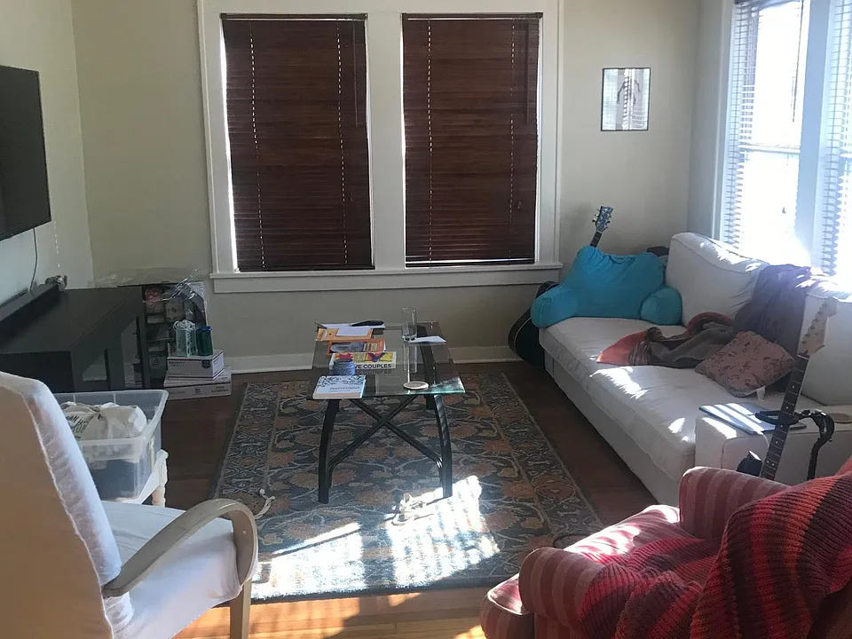 Secondary view of living room; whole rental has wooden blinds