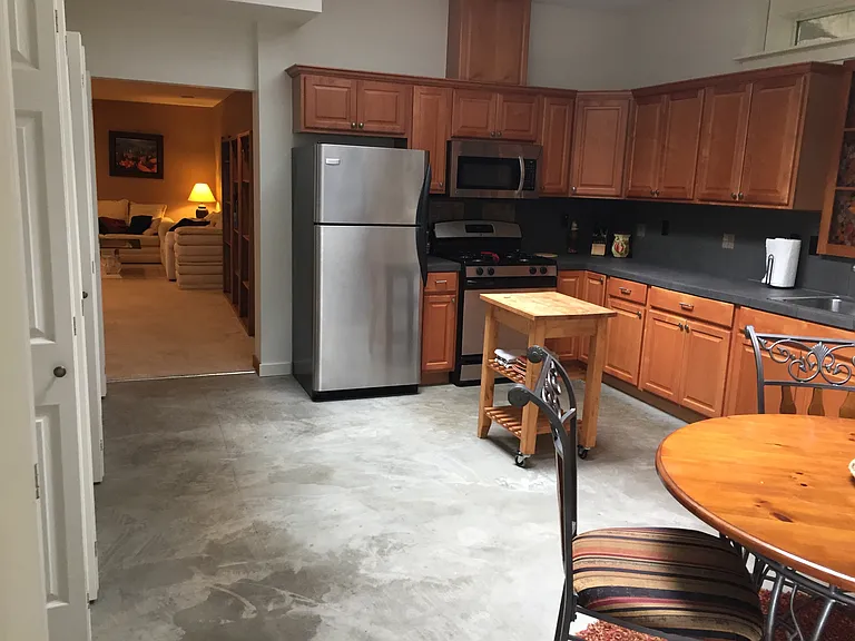 Large kitchen with heated floors and skylights