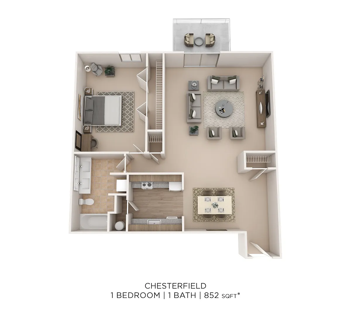 Floor plan Chesterfield 1Bed 1Bath 852sqft