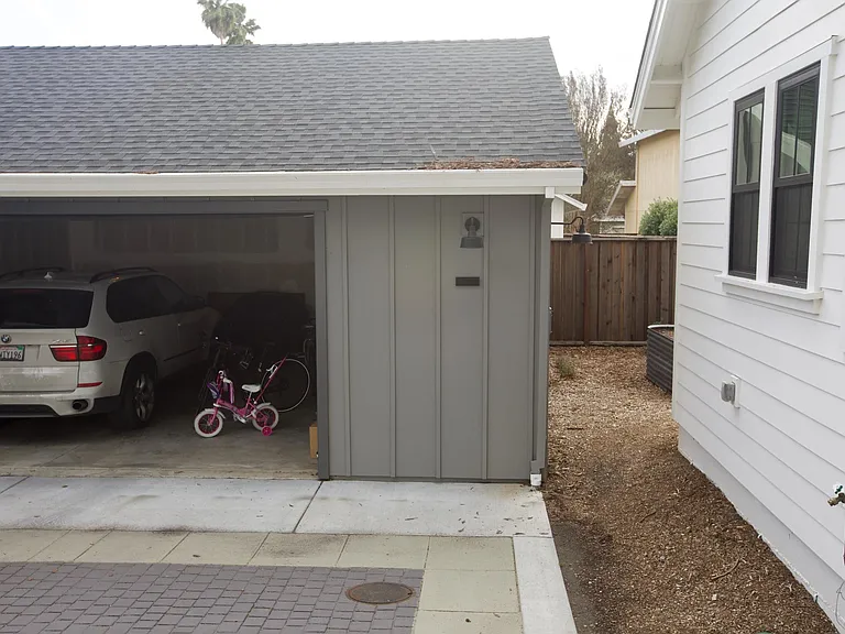 Two car garage with storage space.