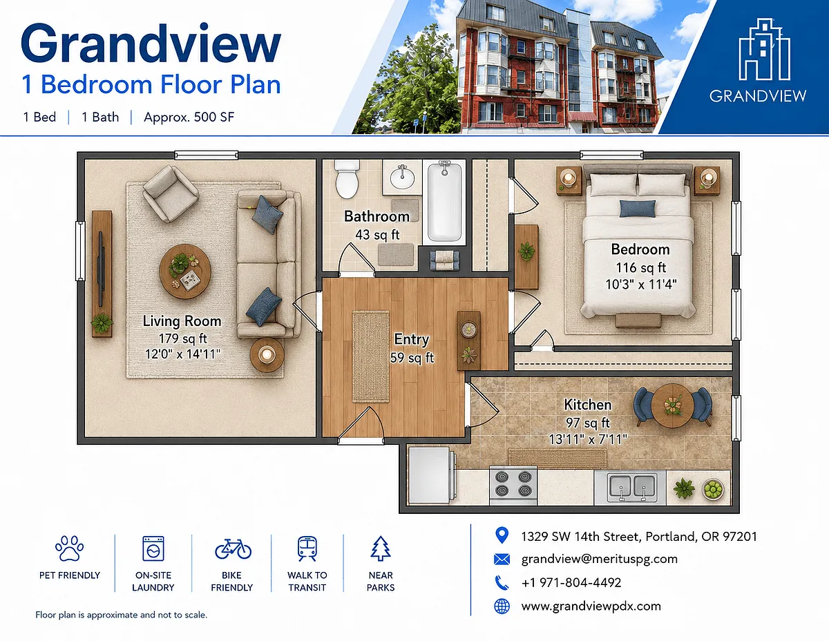 Floor plan 1 Bedroom, 1 Bath