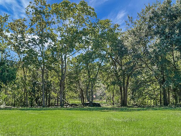 Mature oak trees shade the rear yard near the creek