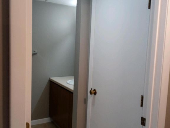 Bathroom entry. Bathroom has standup shower. Vanity is being updated (old one pictured).