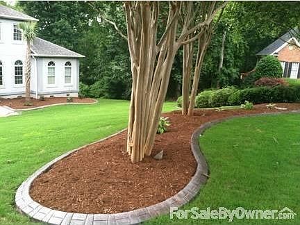 Driveway View of Mature Crepe Myrtles
						:
						Tasteful achitectural brick boarders along the front berm.