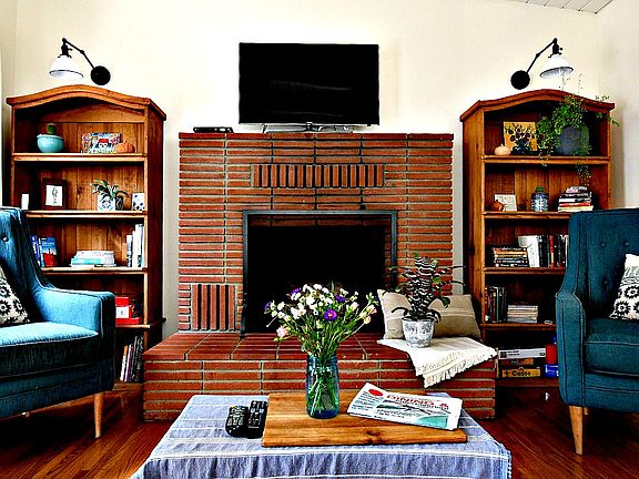 Living room with working fireplace