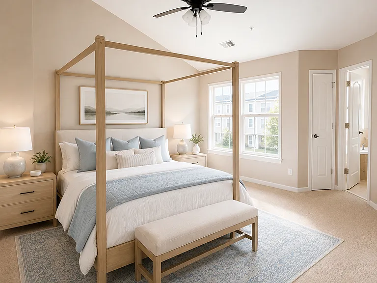 The primary bedroom is light and airy and includes a beautiful ensuite. (Photos are virtually staged)