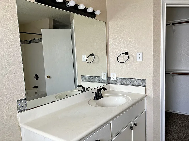 Master bath sink, cabinets and 2 walk-in closets
