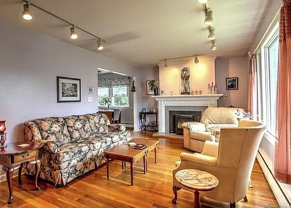 Pretty & cozy and full of natural light! Living room with hardwood floor, pellet stove fireplace and large bay window!