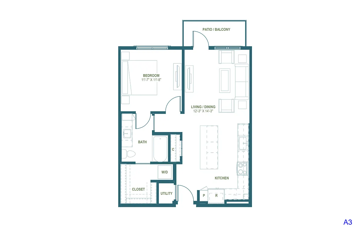 Floor plan A3 | 1 Bed | 1 Bath