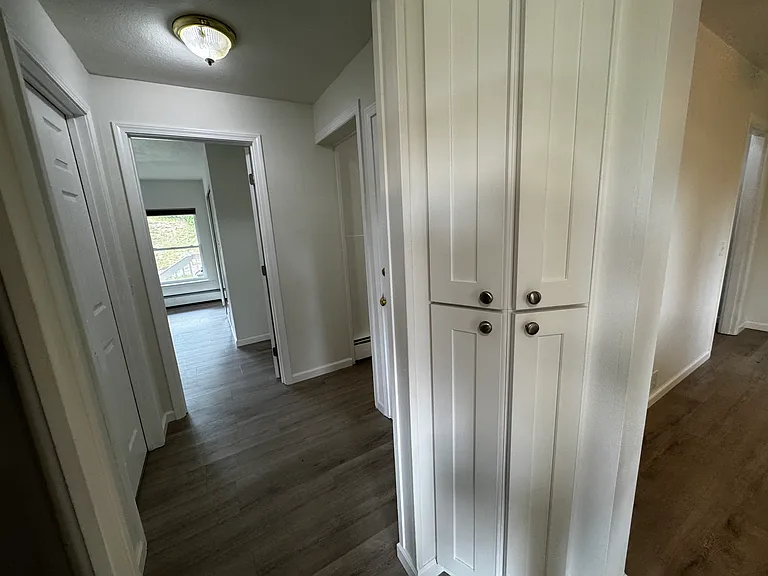 Hallway leading from kitchen to bathroom, master bedroom, and closet storage under staircase.