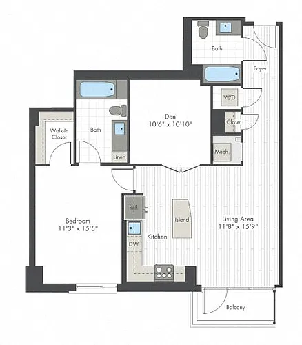 Floor plan 1 Bed/1 Bath Den-J1