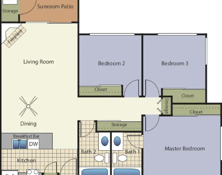 3 Bedrooms 2 Baths 32A Floorplan Diagram