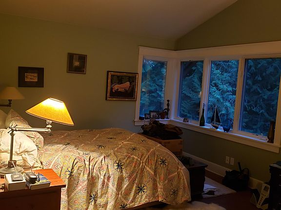 Master bedroom, queen bed, windows face east to see the rising sun through tree cover. Tall ceilings to right side of room