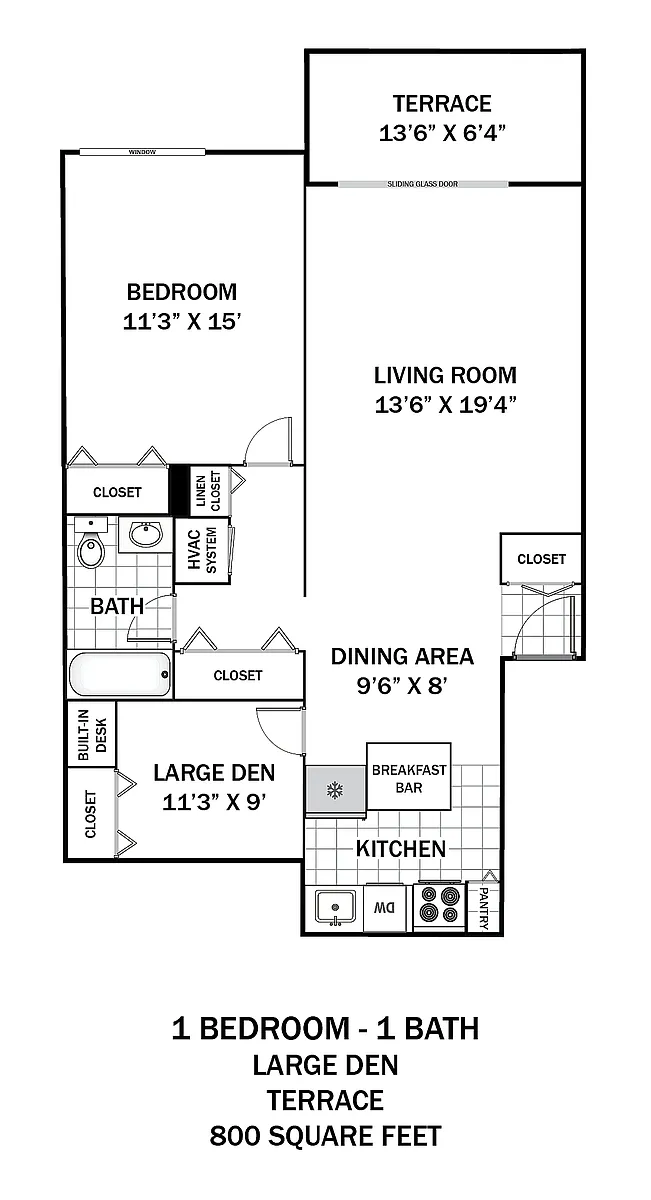 Floor plan 1 Bedroom Large Den Terrace