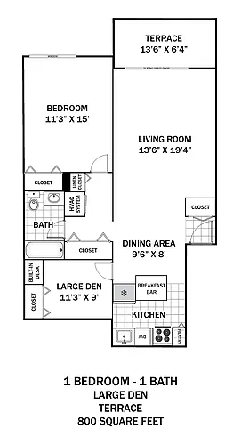 Floor plan 1 Bedroom Large Den Terrace