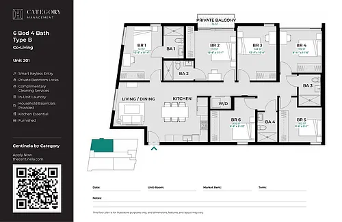 Floor plan Private Bedroom in Shared 6 Bed 4 Bath - B