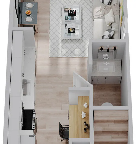 One Bedroom Townhome First Floor Layout with Spacious Living Spaces