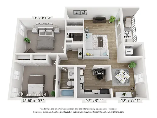 Floor plan Q - 2BR 1BA (960sf)