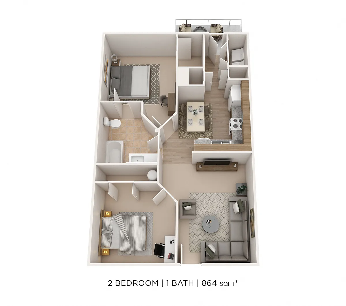 Floor plan Two Bedroom - Waters Edge - 864 sqft