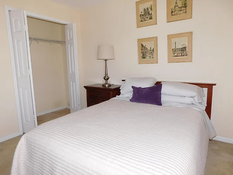 Furnished bedroom featuring a comfortable bed, nightstand with lamp, and a roomy closet with built-in shelving.