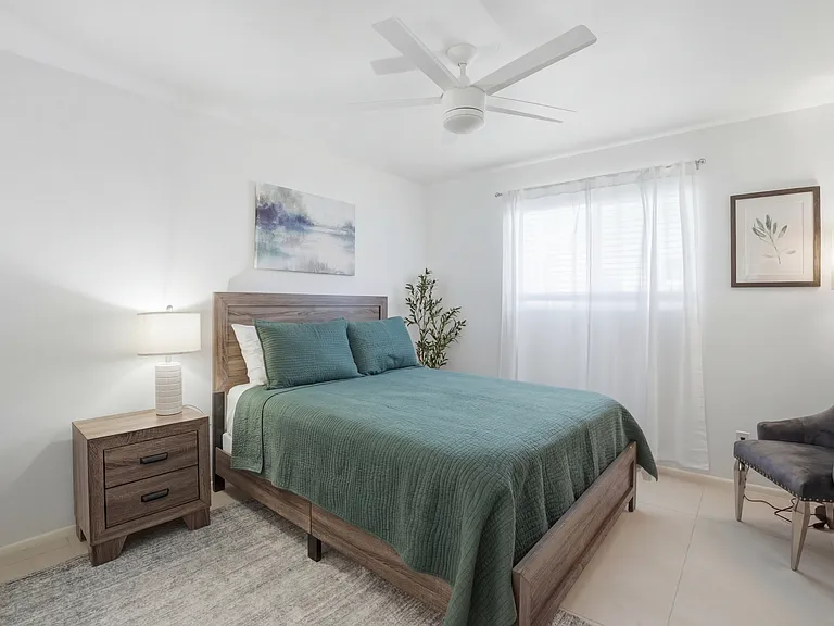 This bedroom's layout, furnished and ready for a long-term stay.