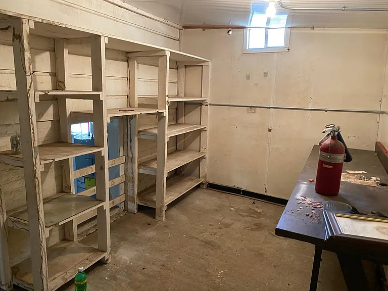 Shelving and work bench area in basement.
