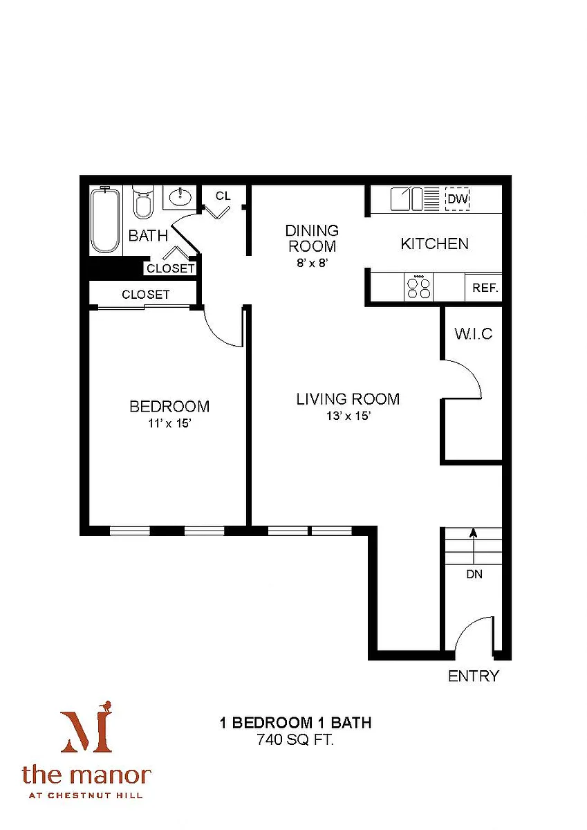 Floor plan Manor at Chestnut Hill-1 Bdrm 740 Sqf