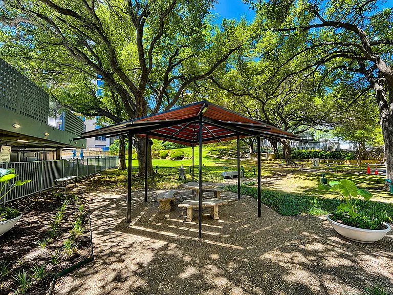 Covered sitting area in the park-like grounds shaded by 100-year old oak trees.