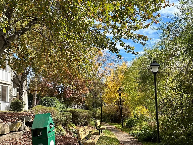 Walking path around the pond to the clubhouse