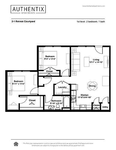 Floor plan 2 Bed 1 Bath Retreat Courtyard