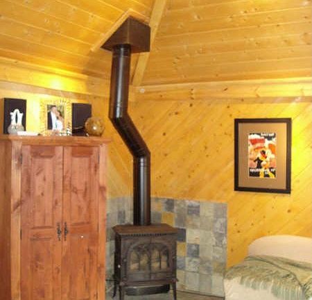 Cozy Gas Stove & Vaulted Wood Ceilings in Living Room