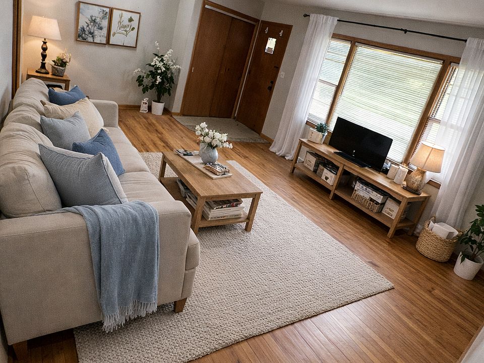 Spacious living room with beautiful hardwood floors and oversized front windows for natural light, perfect for relaxing or entertaining