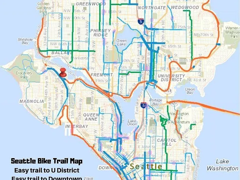 On two bicycle trails that interconnect to other trails. Easy ride to UW, Ballard, Fremont, Expedia, and the Waterfront