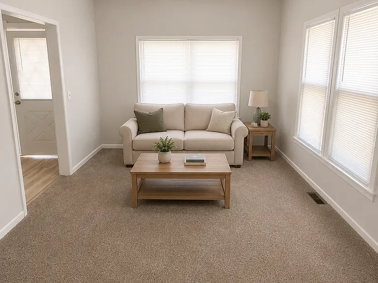 Sunny living room area. Decor for staging purposes only. This is an unfurnished home