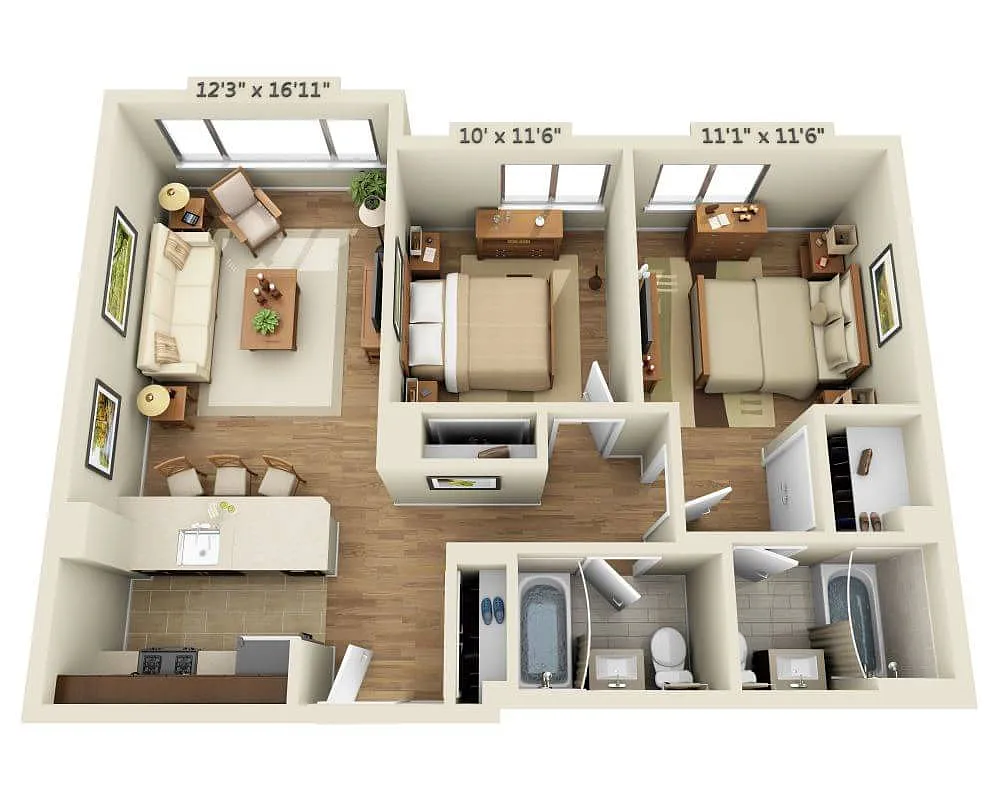 Floor plan Two Bedroom B2A-R